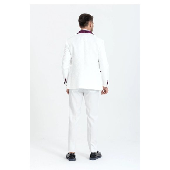 Derman Burgundy Luxury Floral Textured Velvet Collar 3 Piece Tuxedo - Picture 6 of 7